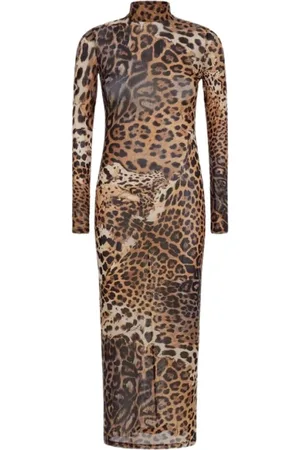 Roberto Cavalli Kjole, Dame, Brun, XL, Tyl, Tylkjole med jaguarprint