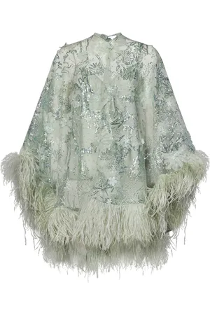Zuhair Murad Jakke, Dame, Grøn, S, Tyl, Grøn Blomstret Broderet Cape Stil Tunika