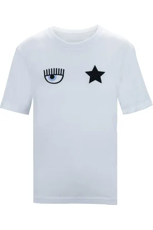 Chiara Ferragni Top, Dame, Hvid, XS, Bomuld, Broderet T-shirt med Øje og Stjerne