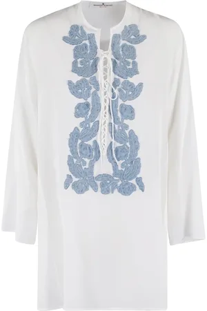 ERMANNO SCERVINO Kjole, Dame, Hvid, XS, Hvid silkebluse med blomsterbroderi