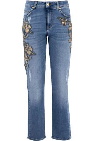 ERMANNO SCERVINO Jeans, Dame, Blå, M, Bomuld, Blomstrede Skinny Jeans med Gyldne Tråde