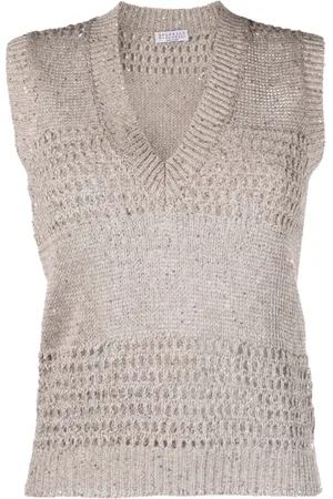 Brunello Cucinelli Strik, Dame, , M, Polyester, Sequin V-Neck Strikvest