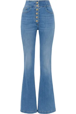 Elisabetta Franchi Jeans, Dame, Blå, W27, Bomuld, Højtaljede jeans med logo-knapper