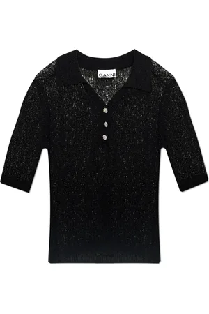 Ganni Top, Dame, Sort, S, Pointelle Strik Polo T-shirt