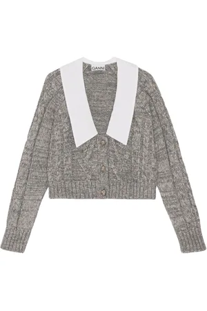 Ganni Strik, Dame, Grå, XS, Bomuld, Contrast-Collar Cable-Knit Cardigan