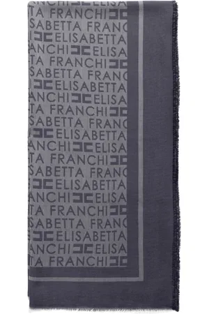 Elisabetta Franchi Tilbehør, Dame, Blå, ONE SIZE, Polyester, Blåt Logo Mønstret Tørklæde med Frynser