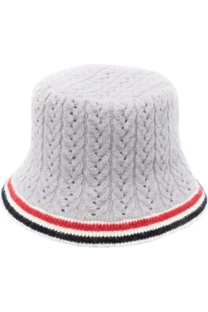 Thom Browne Tilbehør, Dame, Grå, S, Uld, Grå Strikket Ribbet Hue med Web-stribet Print