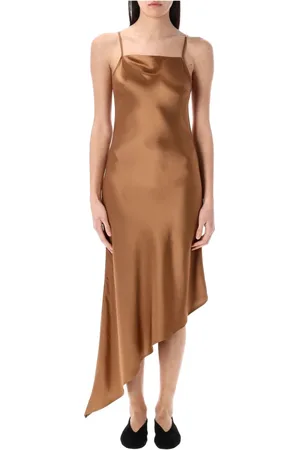 By Malene Birger Kjole, Dame, Brun, M, Uld, Elegant Maxi Kjole med Asymmetrisk Hemline