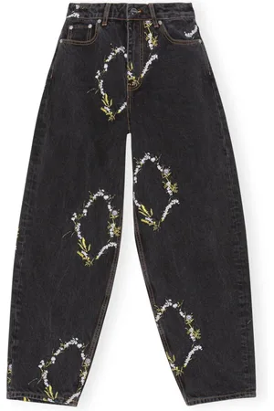 Ganni Jeans, Dame, Sort, W26, Bomuld, Boheme Blomsterbroderede Jeans med Vide Ben