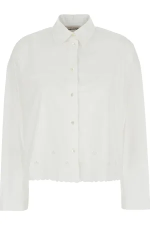 SEMICOUTURE Bluser & Skjorter, Dame, Hvid, XS, Bomuld, Hvid Blondebroderet Klassisk Skjorte med Krave