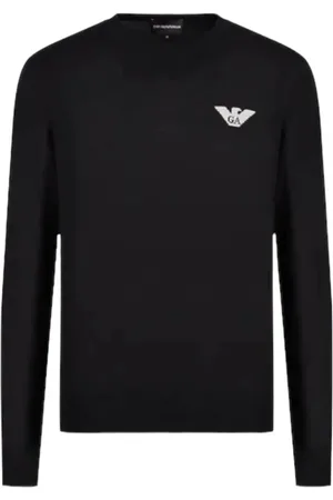 Emporio Armani Sweathshirts & Hoodies, Herre, Sort, L, Uld, Navy Blå Uld Sweater med Ørne Logo