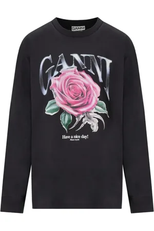 Ganni Top, Dame, Flerfarvet, XS, Bomuld, Rose Anthracite Grey Langærmet T-shirt