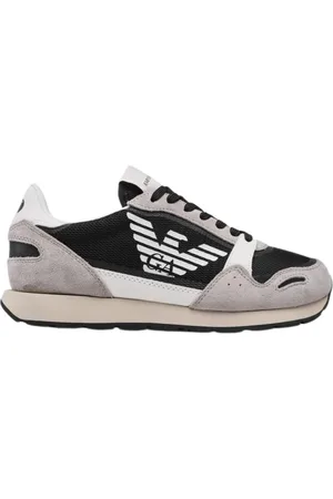 Emporio Armani Sko, Herre, Grå, 42 1/2 EU, Sort Grid-mønstrede Fashion Sneakers
