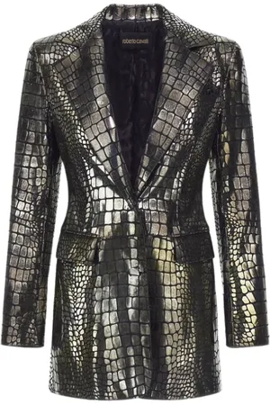 Roberto Cavalli Jakke, Dame, Grå, L, Krokodilleeffekt Blazer Sølv Kvinde