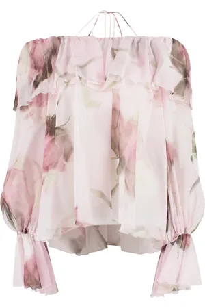 BLUMARINE Bluser & Skjorter, Dame, Flerfarvet, M, Uld, Blomstret silke off-shoulder bluse