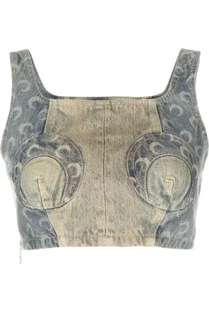Marine Serre Top, Dame, Blå, XS, Denim, Patchwork Crescent Moon Denim Top