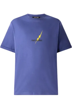 Roberto Cavalli Top, Herre, Blå, L, Bomuld, T-shirt med lynprint og logo