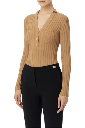 Elisabetta Franchi Strik, Dame, Brun, L, Uld, Ribstrikket viskose sweater med gyldne knapper