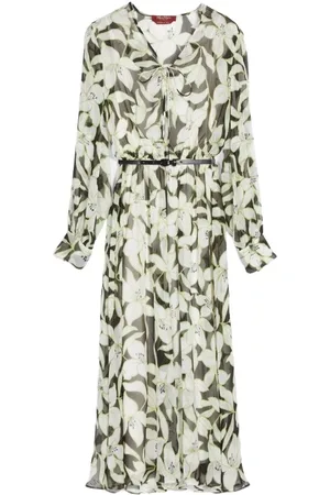 Max Mara Kjole, Dame, Grøn, 2XS, Chiffon, Floral Print Silk Chiffon Midi Kjole