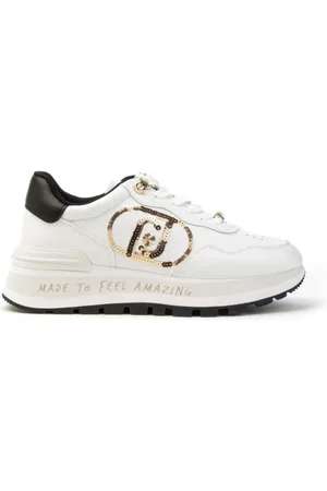 Liu Jo Sko, Dame, Hvid, 41 EU, Uld, Fantastiske 20 Hvide/Guld Sequin Logo Sneakers