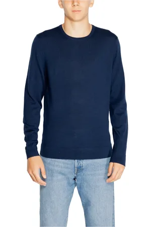 Calvin Klein Strik, Herre, Blå, XL, Uld, Blå Strikket Sweater med Rund Hals