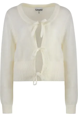 Ganni Strik, Dame, Hvid, M, Uld, Mohair Cardigan med Sløjfelukning