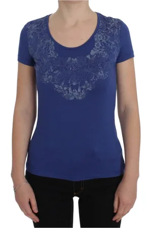 ERMANNO SCERVINO Top, Dame, Blå, S, Blå T-shirt med Logo-detalje og Rund Hals