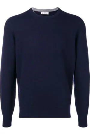 Brunello Cucinelli Strik, Herre, Blå, 3XL, Cashmere, Cashmere Ribstrikket Pullover