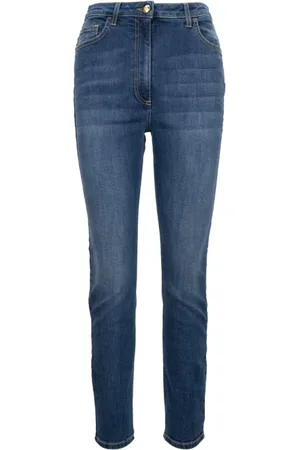 Elisabetta Franchi Jeans, Dame, Blå, W26, Bomuld, Dame Jeans med Lynlås og Knap