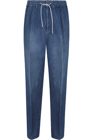 Brunello Cucinelli Jeans, Herre, Blå, M, Denim, Denim Bukser med Snøre – Afslappet Pasform