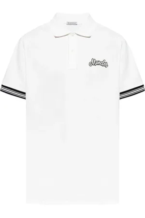 Moncler Top, Herre, Hvid, XL, Bomuld, Broderet poloshirt med stribede detaljer