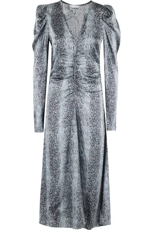 Ganni Kjole, Dame, Blå, S, Satin, Satin Ruched Kjole med Print
