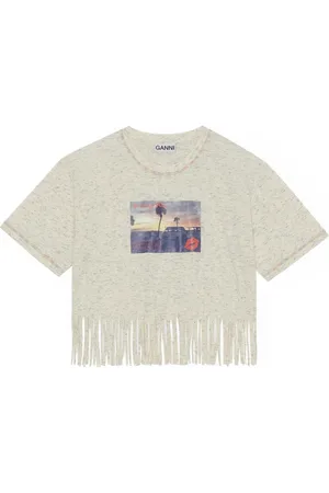 Ganni Top, Dame, Hvid, XS, Bomuld, Fringe-Trim Bomulds T-shirt