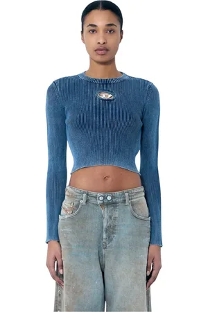 Diesel Strik, Dame, Blå, M, Bomuld, Rib Top med Logo Plakette