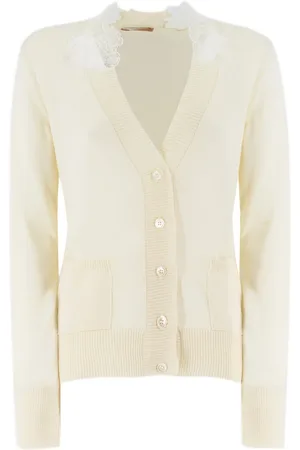 ERMANNO SCERVINO Strik, Dame, Hvid, S, Bomuld, Lace Applique V-Neck Cardigan