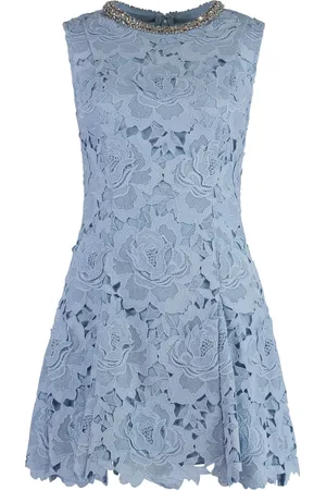 Self-Portrait Kjole, Dame, Blå, XS, Uld, Flared Hem Lace Mini Dress