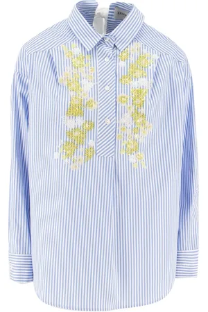 ERMANNO SCERVINO Bluser & Skjorter, Dame, Blå, XS, Bomuld, Blomsterbroderet stribet skjorte