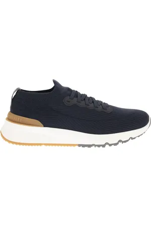 Brunello Cucinelli Sko, Herre, Blå, 43 EU, Bomuld, Bomuldsstrikkede og Semi-Glossy Læder Sneakers