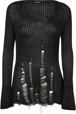 Dondup Strik, Dame, Sort, S, Uld, Distressed V-Neck Sweater