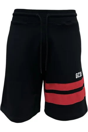 GCDS Shorts, Herre, Sort, 2XS, Bomuld, Sort Bomuld Bermuda Shorts med Logo Bogstaver og Røde Bånd