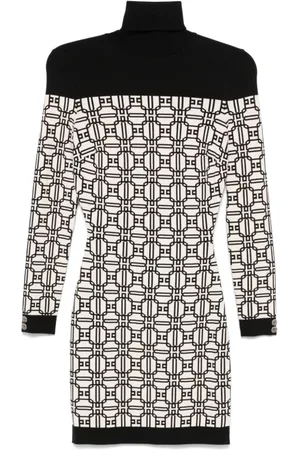 Elisabetta Franchi Kjole, Dame, Sort, XS, Jacquardstrikket Kjole med Rullekrave
