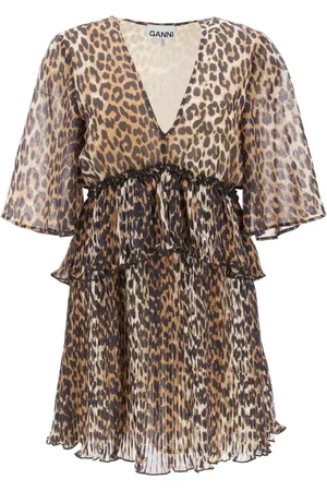 Ganni Kjole, Dame, Flerfarvet, XS, Polyester, Leopard Plisseret Georgette V-hals Flæse Mini Kjole