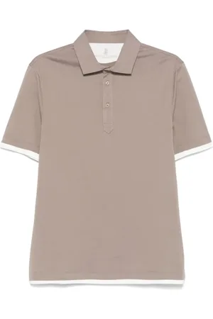 Brunello Cucinelli Top, Herre, Grå, M, Bomuld, Olivenfarvet poloshirt med lagdelte korte ærmer