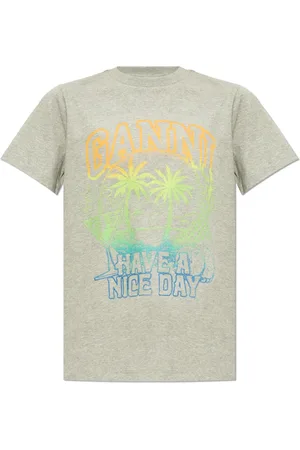 Ganni Top, Dame, Grå, S, Bomuld, Printet T-shirt