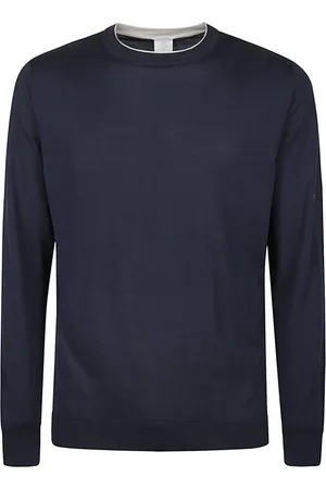 ELEVENTY Strik, Herre, Blå, L, Bomuld, Sea Island Cotton Crewneck Tipping Sweater