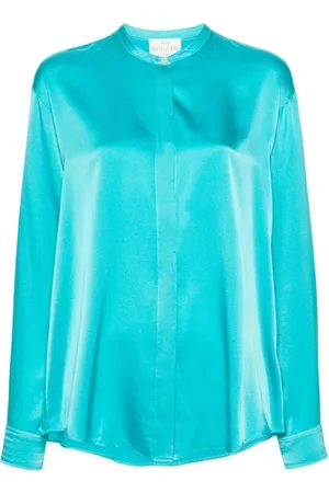 FORTE FORTE Bluser & Skjorter, Dame, Blå, M, Satin, Silke Satin Mandarin Collar Oversized Skjorte