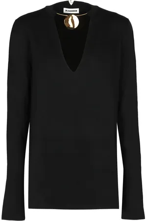 Jil Sander Strik, Dame, Sort, M, Uld, Guld-tone Uld Sweater med Metal Detalje