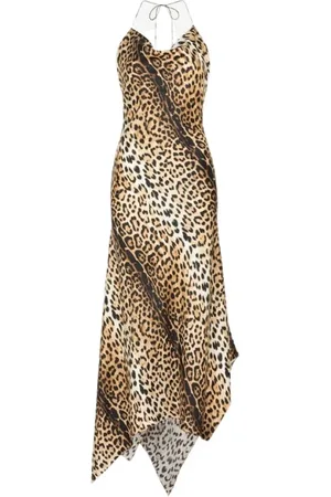 Roberto Cavalli Kjole, Dame, Brun, XS, Jaguar Print Halterneck Silk Maxi Dress