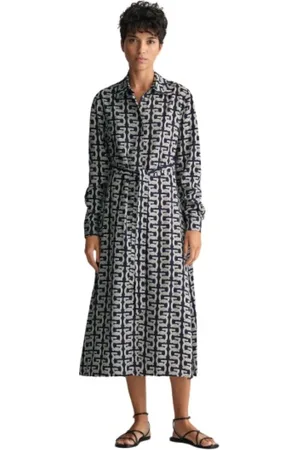 GANT Kjole, Dame, Blå, XL, Langærmet skjortekjole i viskose med print