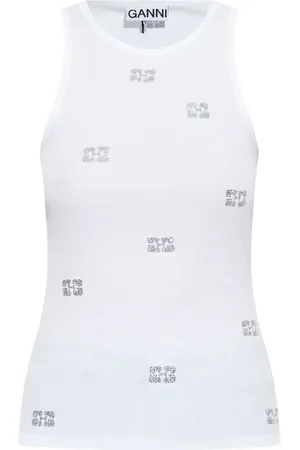 Ganni Top, Dame, Hvid, S, Bomuld, Rhinestone Butterfly Tank Top